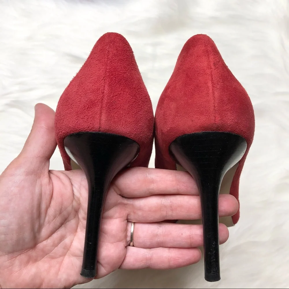 MARC FISHER Suede Leather Pumps Pleated Heels Stiletto Red Slip On Size 8M